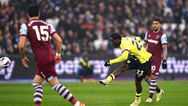 Burnley no.23 David Datro Fofana pictured scoring from long range against West Ham in March 2024